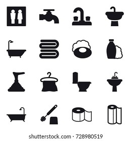 16 vector icon set : wc, water tap, bath, towel, soap, shampoo, plunger, hanger, toilet, water tap sink, toilet brush, toilet paper, paper towel