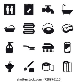 16 vector icon set : wc, water tap, bath, washing, towel, soap, sponge with foam, liquid soap, brush, cleanser powder, water tap sink, toilet brush, toilet paper, paper towel