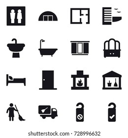 16 vector icon set : wc, hangare, plan, hotel, bath, wardrobe, dresser, bed, door, fireplace, utility room, brooming, home call cleaning, do not distrub, please clean