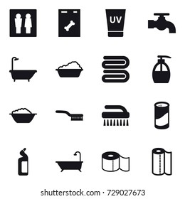 16 vector icon set : wc, uv cream, water tap, bath, washing, towel, liquid soap, foam basin, brush, cleanser powder, toilet cleanser, toilet paper, paper towel