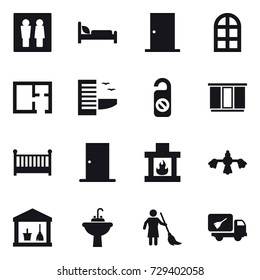 16 vector icon set : wc, door, arch window, plan, hotel, do not distrub, wardrobe, crib, fireplace, hard reach place cleaning, utility room, water tap sink, brooming, home call cleaning