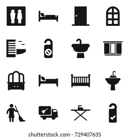 16 vector icon set : wc, door, arch window, hotel, do not distrub, wardrobe, dresser, bed, crib, water tap sink, brooming, home call cleaning, iron board, please clean