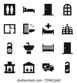 16 vector icon set : wc, door, arch window, plan, hotel, hospital, do not distrub, crib, fireplace, utility room, home call cleaning, please clean