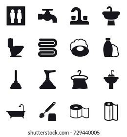 16 vector icon set : wc, water tap, toilet, towel, soap, shampoo, plunger, hanger, water tap sink, bath, toilet brush, toilet paper, paper towel