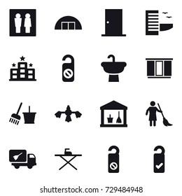 16 vector icon set : wc, hangare, door, hotel, do not distrub, wardrobe, bucket and broom, hard reach place cleaning, utility room, brooming, home call cleaning, iron board, please clean