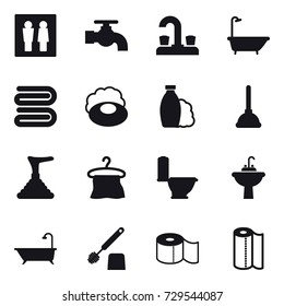 16 vector icon set : wc, water tap, bath, towel, soap, shampoo, plunger, hanger, toilet, water tap sink, toilet brush, toilet paper, paper towel