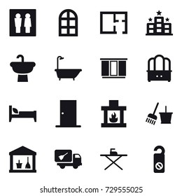 16 vector icon set : wc, arch window, plan, hotel, bath, wardrobe, dresser, bed, door, fireplace, bucket and broom, utility room, home call cleaning, iron board, do not distrub