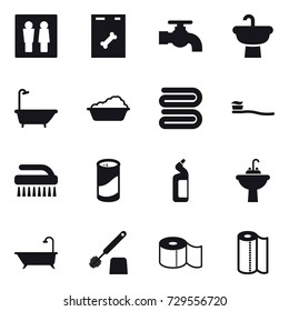 16 vector icon set : wc, water tap, bath, washing, towel, tooth brush, brush, cleanser powder, toilet cleanser, water tap sink, toilet brush, toilet paper, paper towel