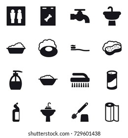 16 vector icon set : wc, water tap, washing, soap, tooth brush, sponge with foam, liquid soap, foam basin, brush, cleanser powder, toilet cleanser, water tap sink, toilet brush, paper towel