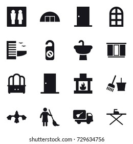 16 vector icon set : wc, hangare, door, arch window, hotel, do not distrub, wardrobe, dresser, fireplace, bucket and broom, hard reach place cleaning, brooming, home call cleaning, iron board