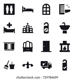16 vector icon set : wc, arch window, hotel, hospital, do not distrub, wardrobe, dresser, door, fireplace, bucket and broom, hard reach place cleaning, home call cleaning, please clean
