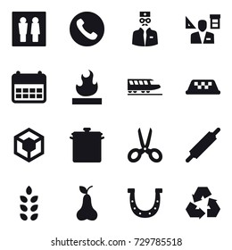 16 vector icon set : wc, phone, architector, train, taxi, pan, scissors, rolling pin, spikelets, pear, horseshoe, recycling