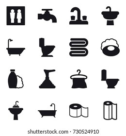16 vector icon set : wc, water tap, bath, toilet, towel, soap, shampoo, plunger, hanger, water tap sink, toilet paper, paper towel