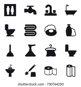 16 vector icon set : wc, water tap, bath, toilet, towel, soap, shampoo, plunger, hanger, water tap sink, toilet brush, toilet paper, paper towel