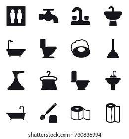 16 vector icon set : wc, water tap, bath, toilet, soap, plunger, hanger, water tap sink, toilet brush, toilet paper, paper towel
