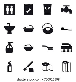 16 vector icon set : wc, uv cream, water tap, washing, soap, tooth brush, liquid soap, foam basin, brush, toilet cleanser, toilet brush, toilet paper, paper towel