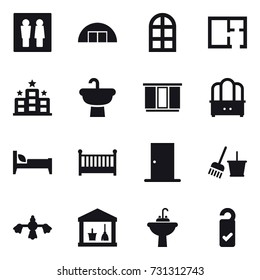 16 vector icon set : wc, hangare, arch window, plan, hotel, wardrobe, dresser, bed, crib, door, bucket and broom, hard reach place cleaning, utility room, water tap sink, please clean
