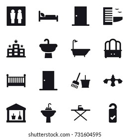 16 vector icon set : wc, door, hotel, bath, dresser, crib, bucket and broom, hard reach place cleaning, utility room, water tap sink, iron board, please clean
