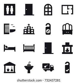 16 vector icon set : wc, door, arch window, plan, hotel, do not distrub, dresser, bed, crib, fireplace, utility room, water tap sink, home call cleaning, please clean