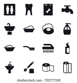 16 vector icon set : wc, water tap, washing, soap, liquid soap, foam basin, brush, toilet cleanser, water tap sink, toilet brush, toilet paper, paper towel