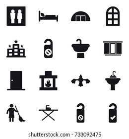 16 vector icon set : wc, hangare, arch window, hotel, do not distrub, wardrobe, door, fireplace, hard reach place cleaning, water tap sink, brooming, iron board, please clean