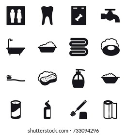 16 vector icon set : wc, water tap, bath, washing, towel, soap, tooth brush, sponge with foam, liquid soap, foam basin, cleanser powder, toilet cleanser, toilet brush, paper towel