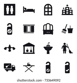 16 vector icon set : wc, arch window, hotel, do not distrub, wardrobe, dresser, bucket and broom, hard reach place cleaning, utility room, water tap sink, brooming, home call cleaning, iron board