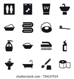 16 vector icon set : wc, uv cream, washing, towel, soap, tooth brush, liquid soap, foam basin, brush, toilet cleanser, water tap sink, bath, toilet brush, toilet paper