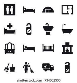 16 vector icon set : wc, hangare, plan, hospital, do not distrub, bath, dresser, bed, crib, fireplace, bucket and broom, brooming, home call cleaning
