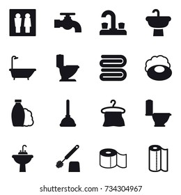16 vector icon set : wc, water tap, bath, toilet, towel, soap, shampoo, plunger, hanger, water tap sink, toilet brush, toilet paper, paper towel