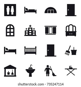 16 vector icon set : wc, hangare, door, arch window, hotel, wardrobe, dresser, bed, crib, bucket and broom, utility room, water tap sink, brooming, iron board