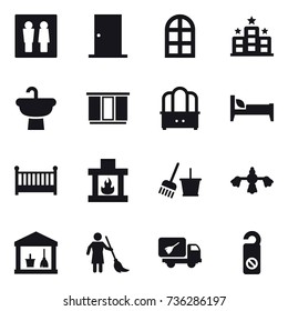 16 vector icon set : wc, door, arch window, hotel, wardrobe, dresser, bed, crib, fireplace, bucket and broom, hard reach place cleaning, utility room, brooming, home call cleaning, do not distrub