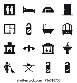 16 vector icon set : wc, hangare, door, plan, do not distrub, bath, dresser, fireplace, hard reach place cleaning, utility room, water tap sink, brooming, iron board, please clean