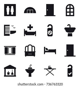 16 vector icon set : wc, hangare, door, arch window, hotel, hospital, do not distrub, wardrobe, dresser, bed, utility room, water tap sink, iron board, please clean