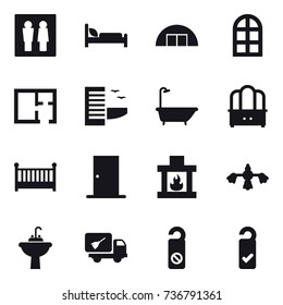 16 vector icon set : wc, hangare, arch window, plan, hotel, bath, dresser, crib, door, fireplace, hard reach place cleaning, water tap sink, home call cleaning, do not distrub, please clean