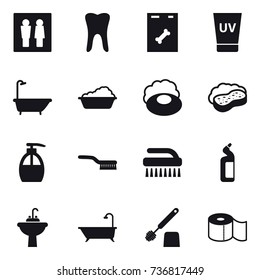 16 vector icon set : wc, uv cream, bath, washing, soap, sponge with foam, liquid soap, brush, toilet cleanser, water tap sink, toilet brush, toilet paper 16 vector icon set : wc, uv cream, bath, washing, soap, sponge with foam, liquid soap, brush, toilet cleanser, water tap sink, toilet brush, toilet paper