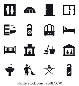 16 vector icon set : wc, hangare, door, plan, hotel, do not distrub, dresser, bed, crib, fireplace, bucket and broom, utility room, water tap sink, brooming, iron board, please clean
