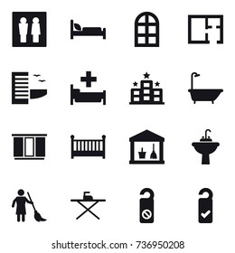 16 vector icon set : wc, arch window, plan, hotel, hospital, bath, wardrobe, crib, utility room, water tap sink, brooming, iron board, do not distrub, please clean