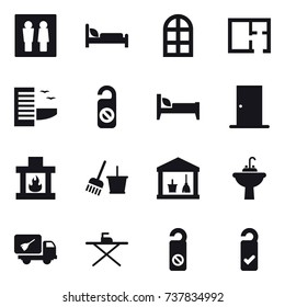 16 vector icon set : wc, arch window, plan, hotel, do not distrub, bed, door, fireplace, bucket and broom, utility room, water tap sink, home call cleaning, iron board, please clean