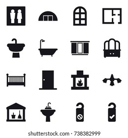 16 vector icon set : wc, hangare, arch window, plan, bath, wardrobe, dresser, crib, door, fireplace, hard reach place cleaning, utility room, water tap sink, do not distrub, please clean