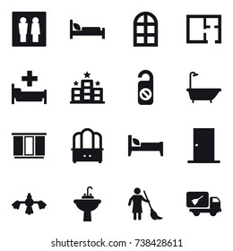 16 vector icon set : wc, arch window, plan, hospital, hotel, do not distrub, bath, wardrobe, dresser, bed, door, hard reach place cleaning, water tap sink, brooming, home call cleaning