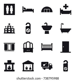 16 vector icon set : wc, hangare, hospital, hotel, do not distrub, bath, wardrobe, dresser, crib, door, fireplace, utility room, home call cleaning
