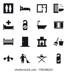 16 vector icon set : wc, plan, hotel, hospital, do not distrub, bath, wardrobe, crib, door, fireplace, bucket and broom, hard reach place cleaning, brooming, iron board, please clean