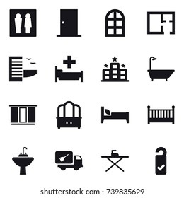 16 vector icon set : wc, door, arch window, plan, hotel, hospital, bath, wardrobe, dresser, bed, crib, water tap sink, home call cleaning, iron board, please clean