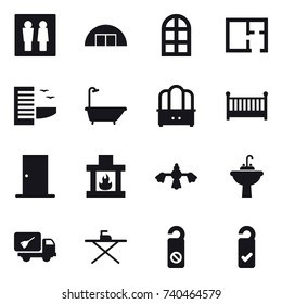 16 vector icon set : wc, hangare, arch window, plan, hotel, bath, dresser, crib, door, fireplace, hard reach place cleaning, water tap sink, home call cleaning, iron board, do not distrub