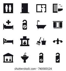 16 vector icon set : wc, door, plan, hotel, hospital, do not distrub, bath, wardrobe, bed, fireplace, bucket and broom, hard reach place cleaning, utility room, water tap sink, please clean