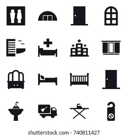 16 vector icon set : wc, hangare, door, arch window, hotel, hospital, wardrobe, dresser, bed, crib, water tap sink, home call cleaning, iron board, do not distrub