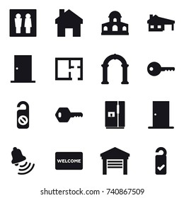 16 vector icon set : wc, home, mansion, house with garage, door, plan, arch, key, do not distrub, fridge, bell, welcome mat, garage, please clean