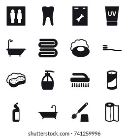 16 vector icon set : wc, uv cream, bath, towel, soap, tooth brush, sponge with foam, liquid soap, brush, cleanser powder, toilet cleanser, toilet brush, paper towel