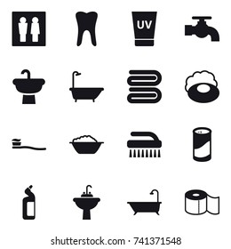 16 vector icon set : wc, uv cream, water tap, bath, towel, soap, tooth brush, foam basin, brush, cleanser powder, toilet cleanser, water tap sink, toilet paper